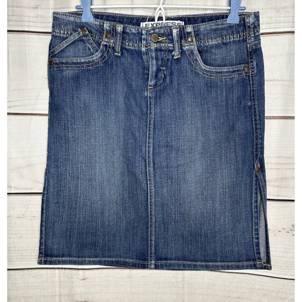 Express Denim Mini Skirt Women Size 8 Blue Medium Wash Side Slit Casual Classic